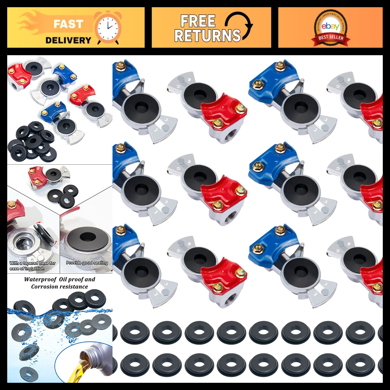 6 Pair Glad Hands & 20 Rubber Seals for Trucking - Universal Gladhand Connectors