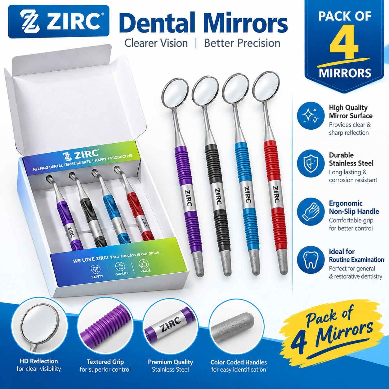 Dental ZIRC CRYSTAL HD Neon Mouth Mirrors with Soft Grip Handle - MADE IN USA Dental ZIRC CRYSTAL HD Neon Mouth Mirrors with Soft Grip Handle - MADE IN USA