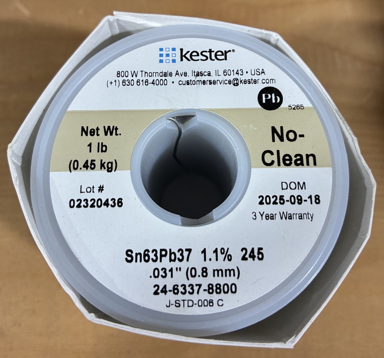Kester 24-6337-8800 Solder Wire, No Clean, Leaded, Sn63Pb37, 1.1%, 0.031\ Kester 24-6337-8800 Solder Wire, No Clean, Leaded, Sn63Pb37, 1.1%, 0.031\