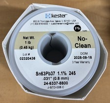Kester 24-6337-8800 Solder Wire, No Clean, Leaded, Sn63Pb37, 1.1%, 0.031