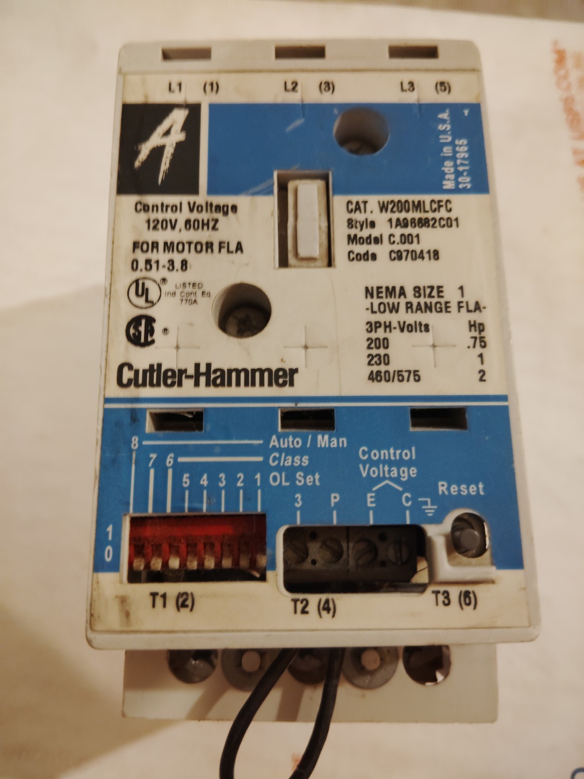 Cutler-Hammer W200MLCFC Magnetic Motor Starter Control Voltage 120V, 60Hz