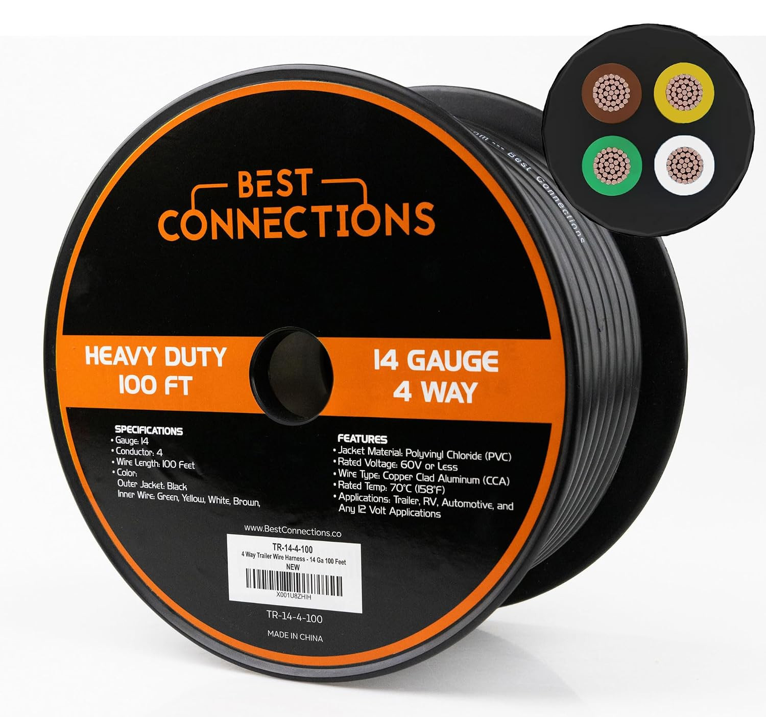 100FT 14 Gauge 4 Way Trailer Wire 4 Conductor Color Coded Harness RV Boat Truck 100FT 14 Gauge 4 Way Trailer Wire 4 Conductor Color Coded Harness RV Boat Truck