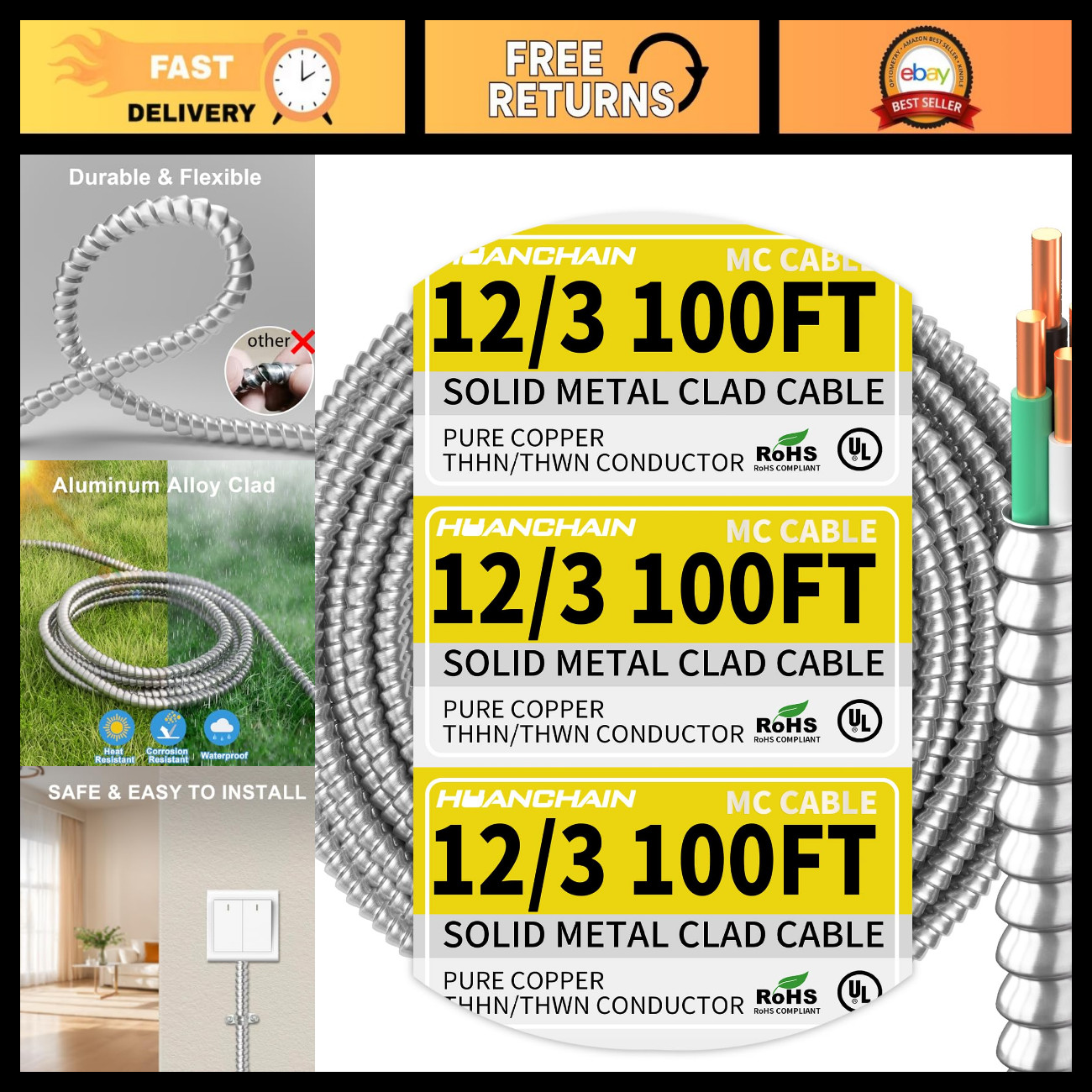 100FT 12/3 MC Cable - Solid Copper Wire with Aluminum Armor, Heavy Duty Electric