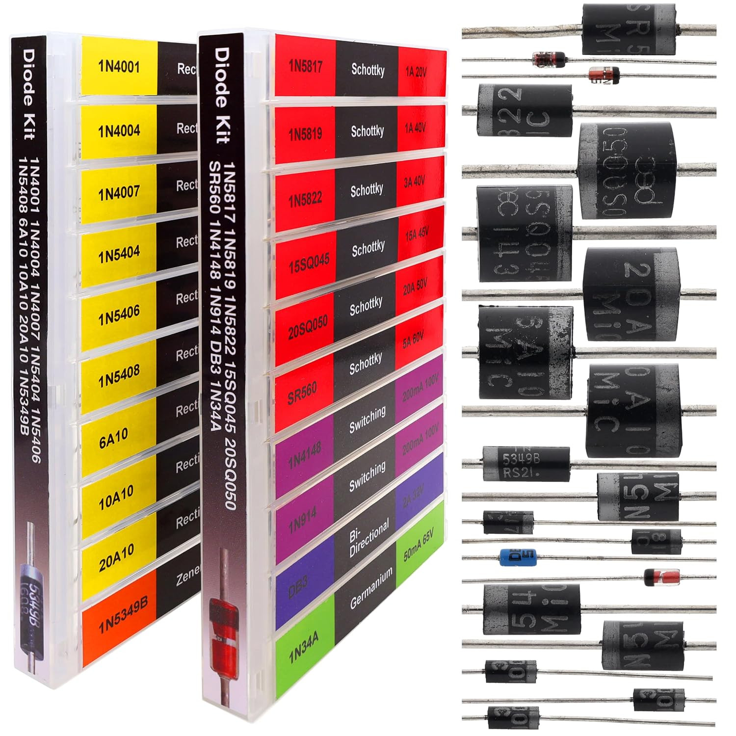 20 Kinds 200 Diode Assortment Kit 6A10 10A10 20A10 15SQ045 20SQ050 1N34A