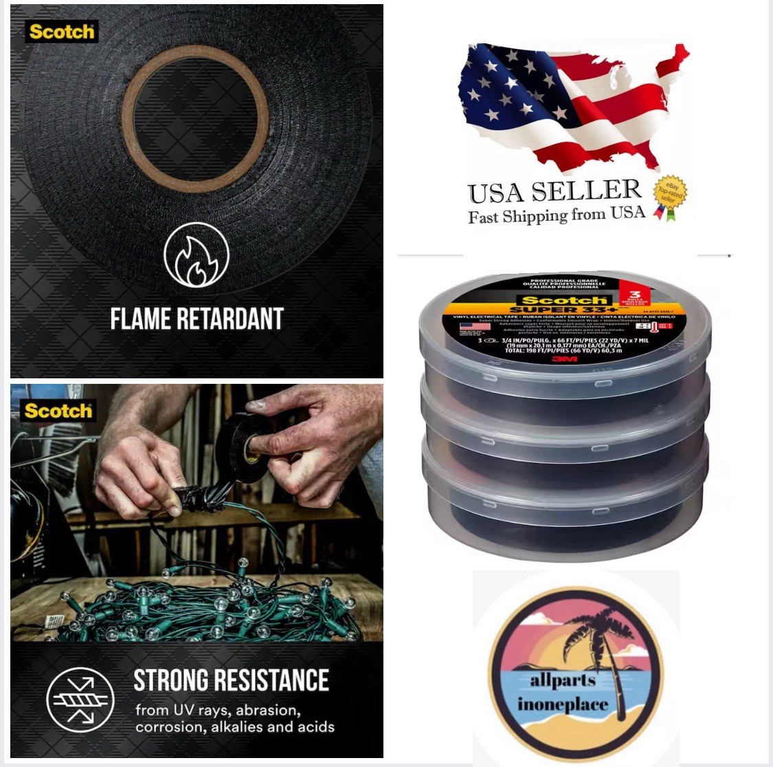 Electrical Tape Vinyl Black 3 Pack 66ft Scotch Super 33 Plus Indoor Outdoor Use