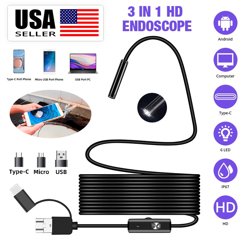 3‑in‑1 Industrial Endoscope USB 6‑LED IP67 Waterproof 1m Flexible Probe Cable