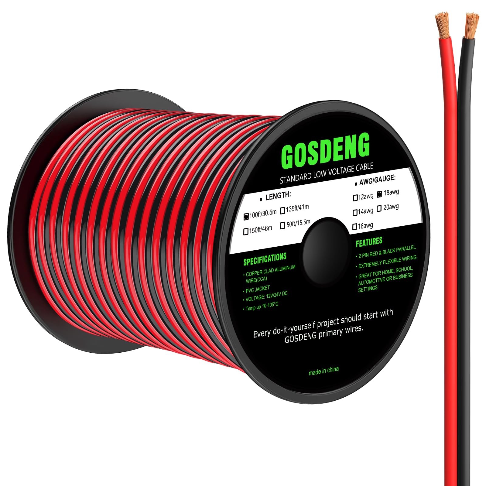 GOSDENG 18 Gauge Wire 100FT, 2 Conductors Electrical Wire Red and Black Cable,