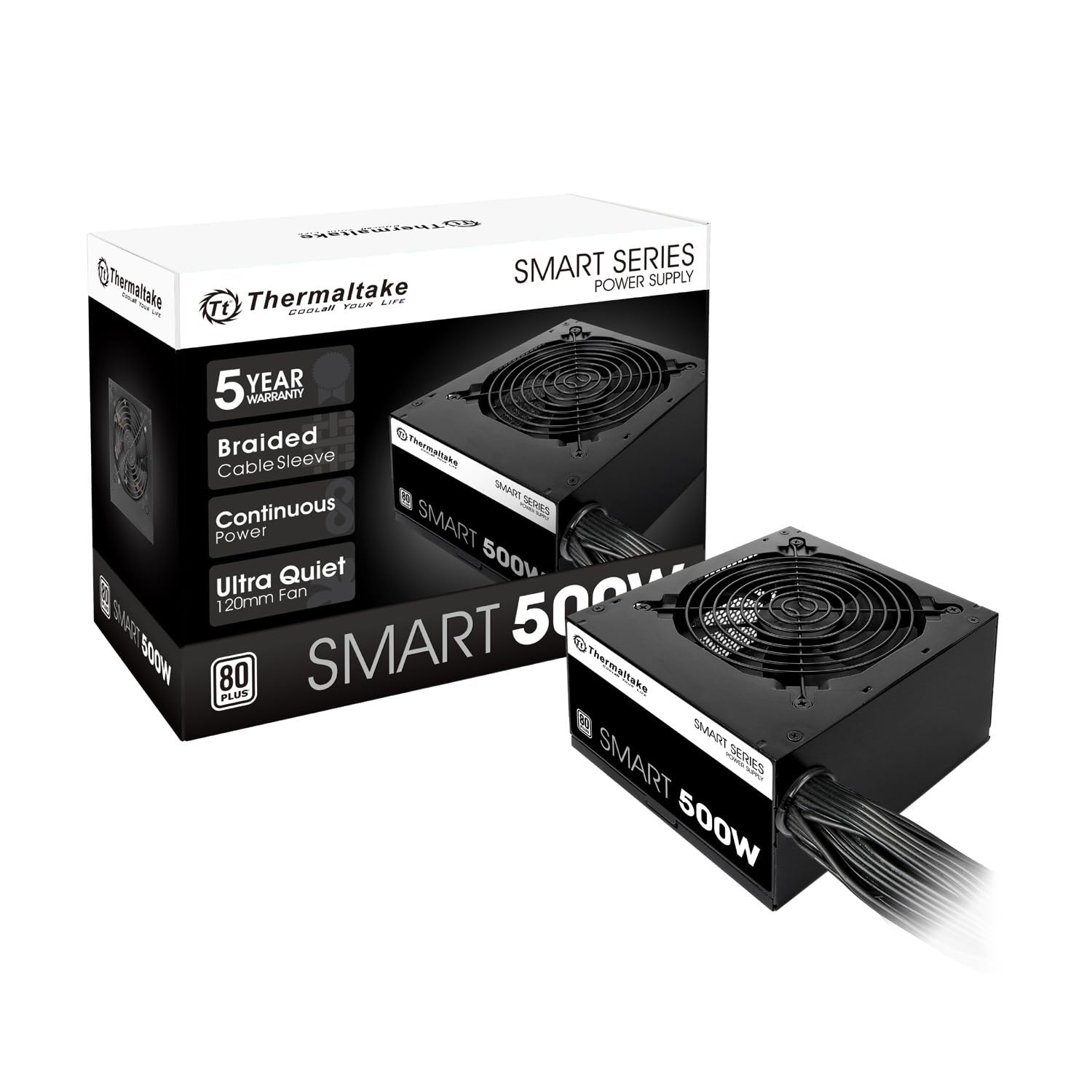 500W White Certified 80 Plus Thermaltake Smart Power Supply 120mm Fan PSU
