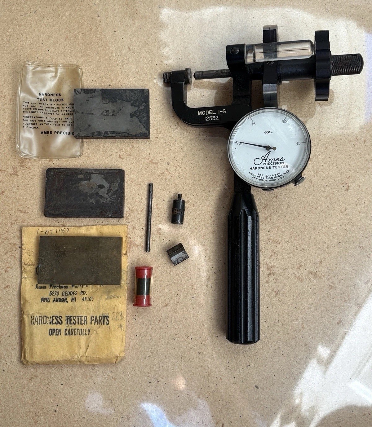 Vintage Ames Precision Model 1-S Hardness Tester 12532 w/ Test Blocks & Parts