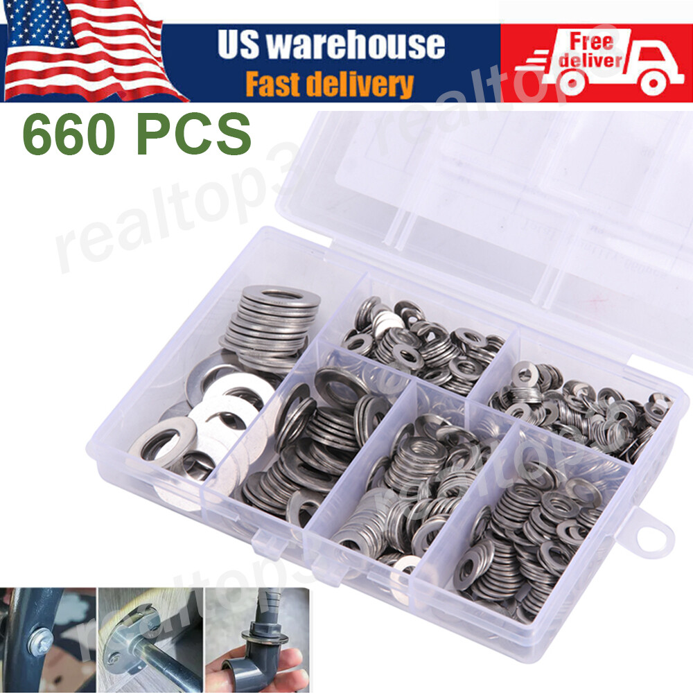 660 Pieces of 304 Stainless Steel Washers Flat Washer Assortment Set Kit 6 Sizes