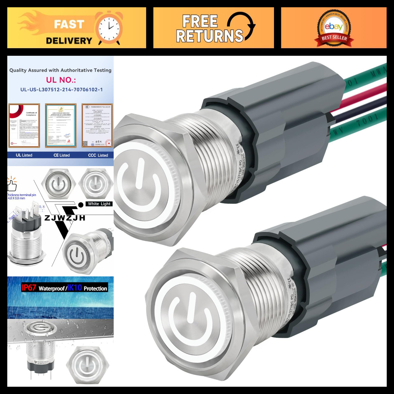 15A 16mm Latching Push Button Switch 12V-24V Waterproof SPST 1NO Stainless Steel