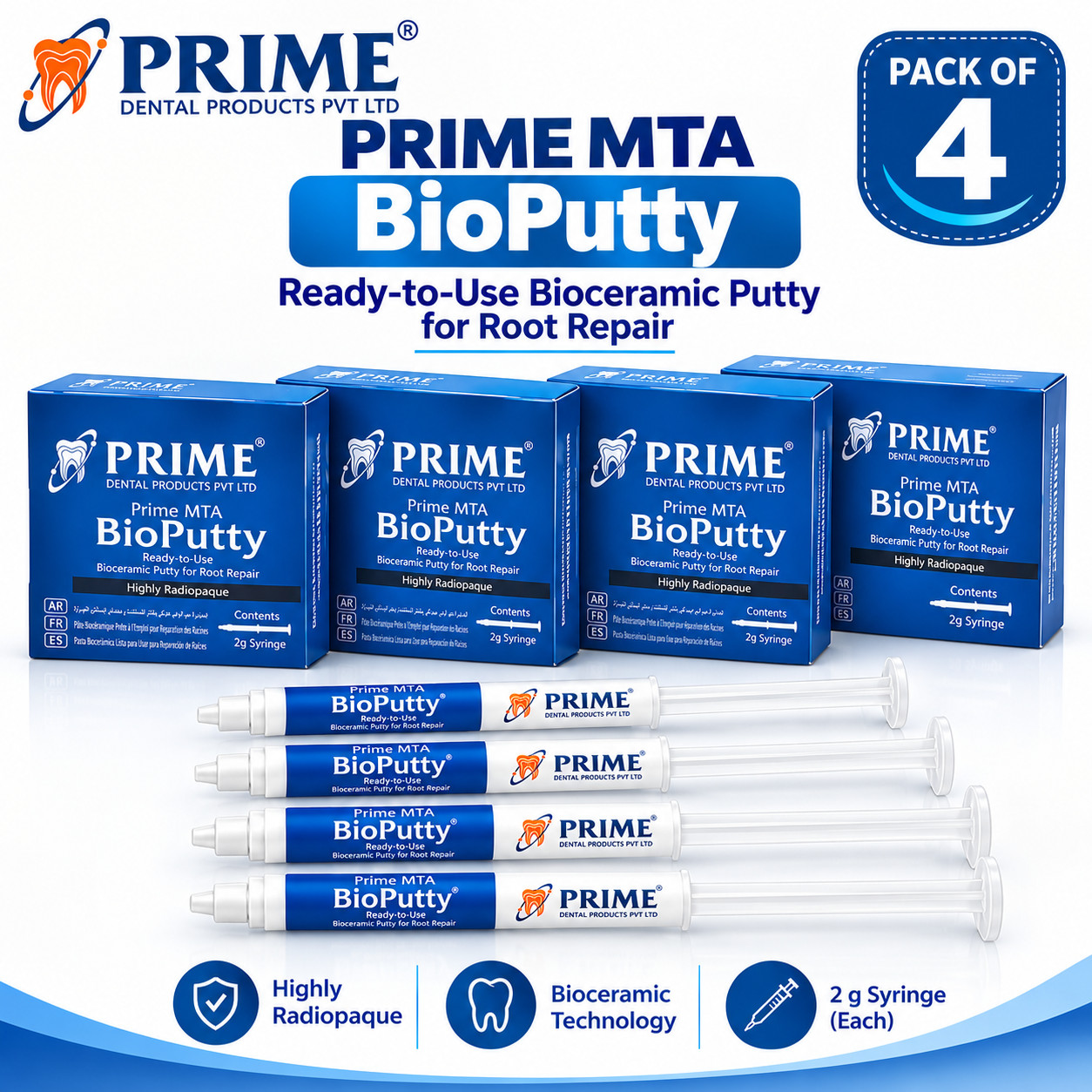 4 x PRIME MTA BioPutty BioCeramic Highly Radiopaque Dental Material Root Repair 4 x PRIME MTA BioPutty BioCeramic Highly Radiopaque Dental Material Root Repair