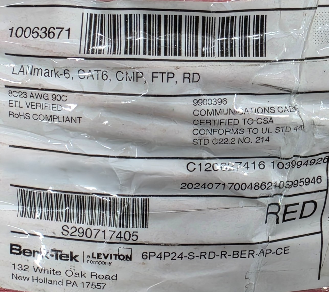 Berk-Tek 23/4P LANmark 6 CAT6 Plenum F/UTP Shielded Network Cable CMP Red /50ft