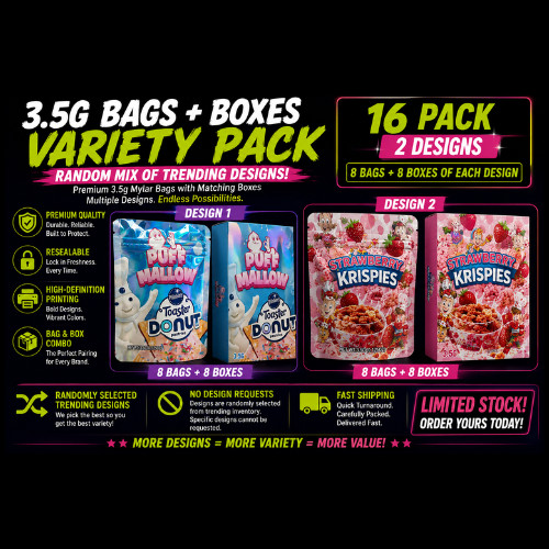 3.5G Mylar Bags, Boxes, Variety Pack, Random Designs, 16-128Pk 3.5G Mylar Bags, Boxes, Variety Pack, Random Designs, 16-128Pk
