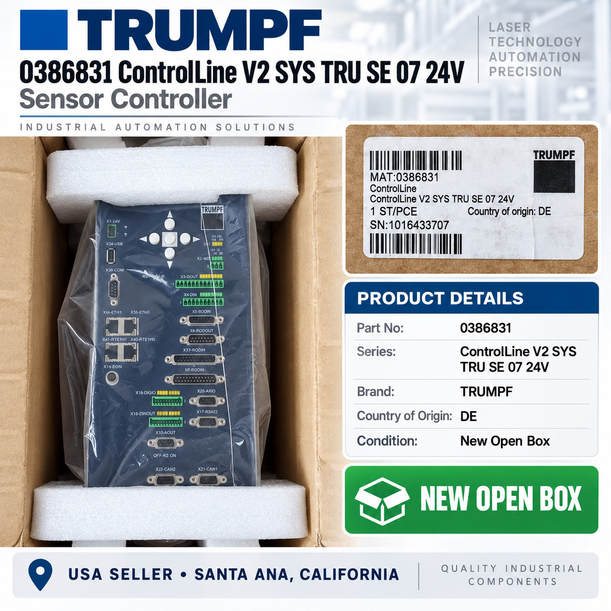 TRUMPF 0386831 ControlLine V2 SYS TRU SE 07 24V Sensor Controller TRUMPF 0386831 ControlLine V2 SYS TRU SE 07 24V Sensor Controller