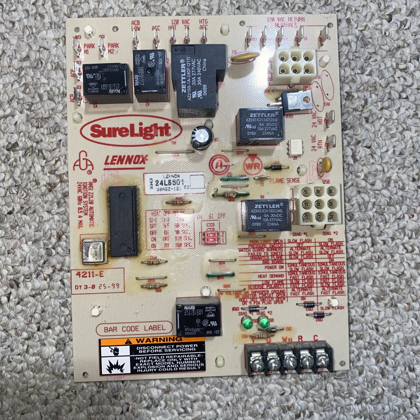 24L8501 LENNOX SureLight WHITE-RODGERS 50A62-121 Control Board  TESTED 1-3