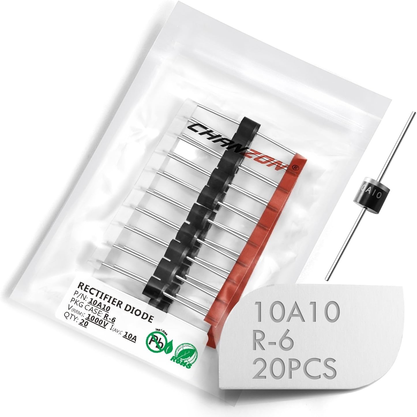 (Pack of 20 Pieces) 10A10 Rectifier Diode 10A 1000V R-6 Axial 10 Amp 1000 Vol.