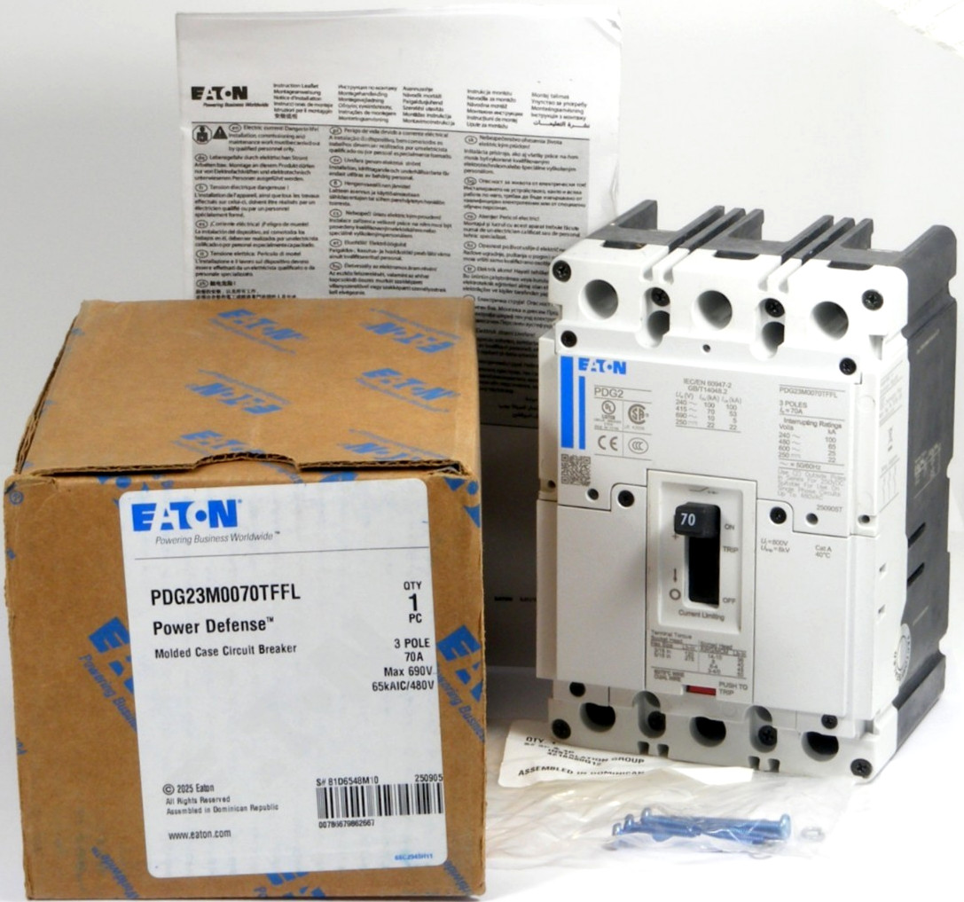 NEW Eaton PDG23M0070TFFL Circuit Breaker PDG2, 3P 70A 600V 65kA@480V, w/Lugs Bot