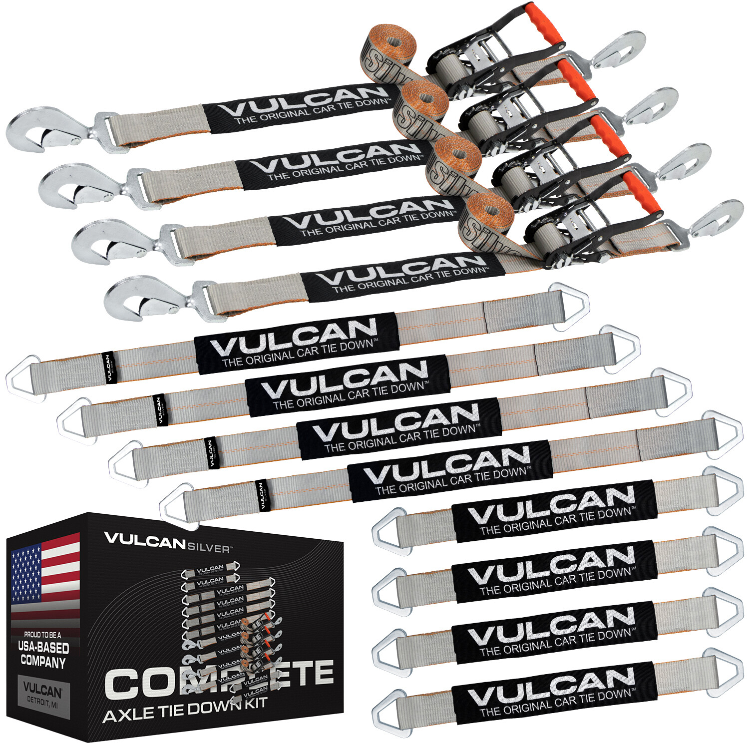 VULCAN Silver Series Axle Strap Tie Down Kit - Snap Hook Ratchet Straps VULCAN Silver Series Axle Strap Tie Down Kit - Snap Hook Ratchet Straps