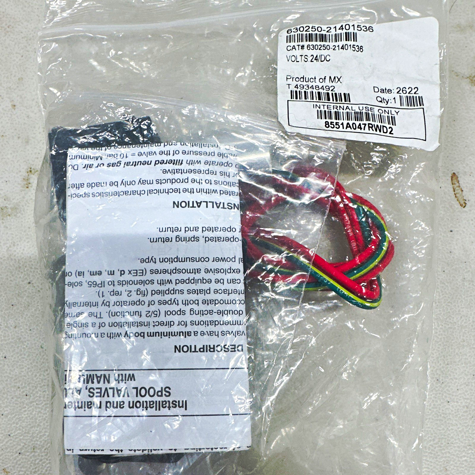 BRAY 24V DC Solenoid Valve for Air, MPN 630250-21401536, Wiring Harness 