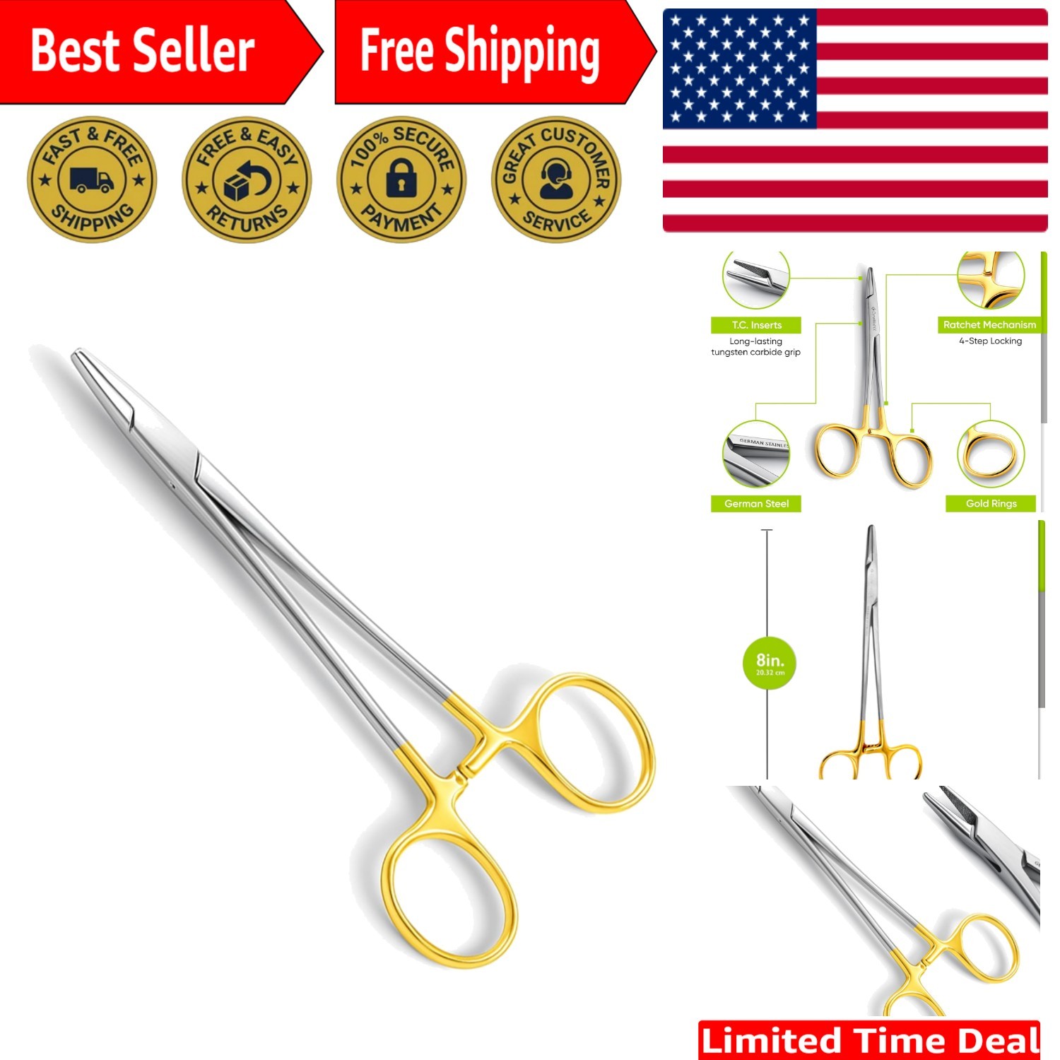Ergonomic 8-Inch TC Mayo Hegar Needle Holder - Stainless Steel & Autoclavable