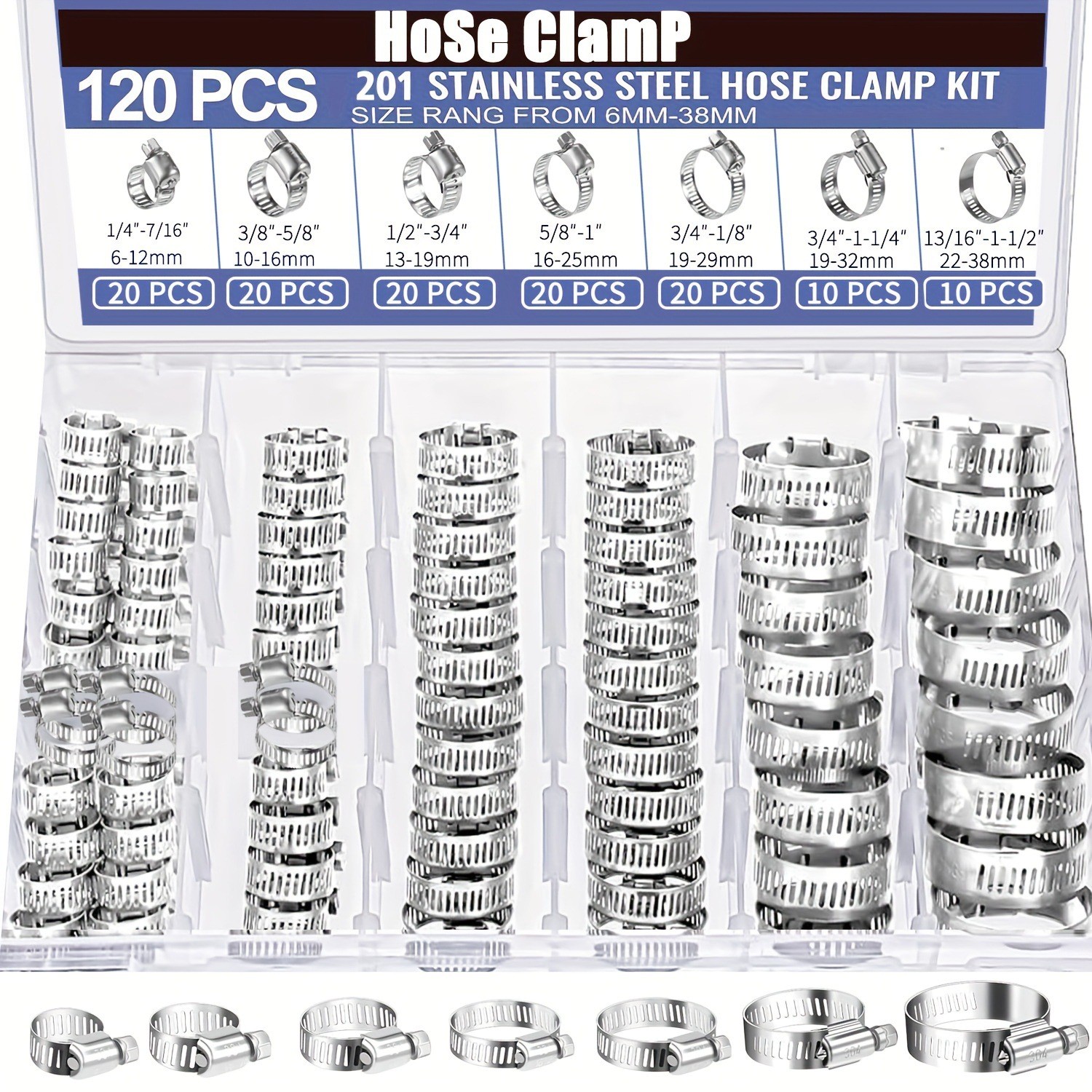120PCS/Set Stainless Steel Hose Clamp Adjustable Worm Gear Clamp Assortment Kit