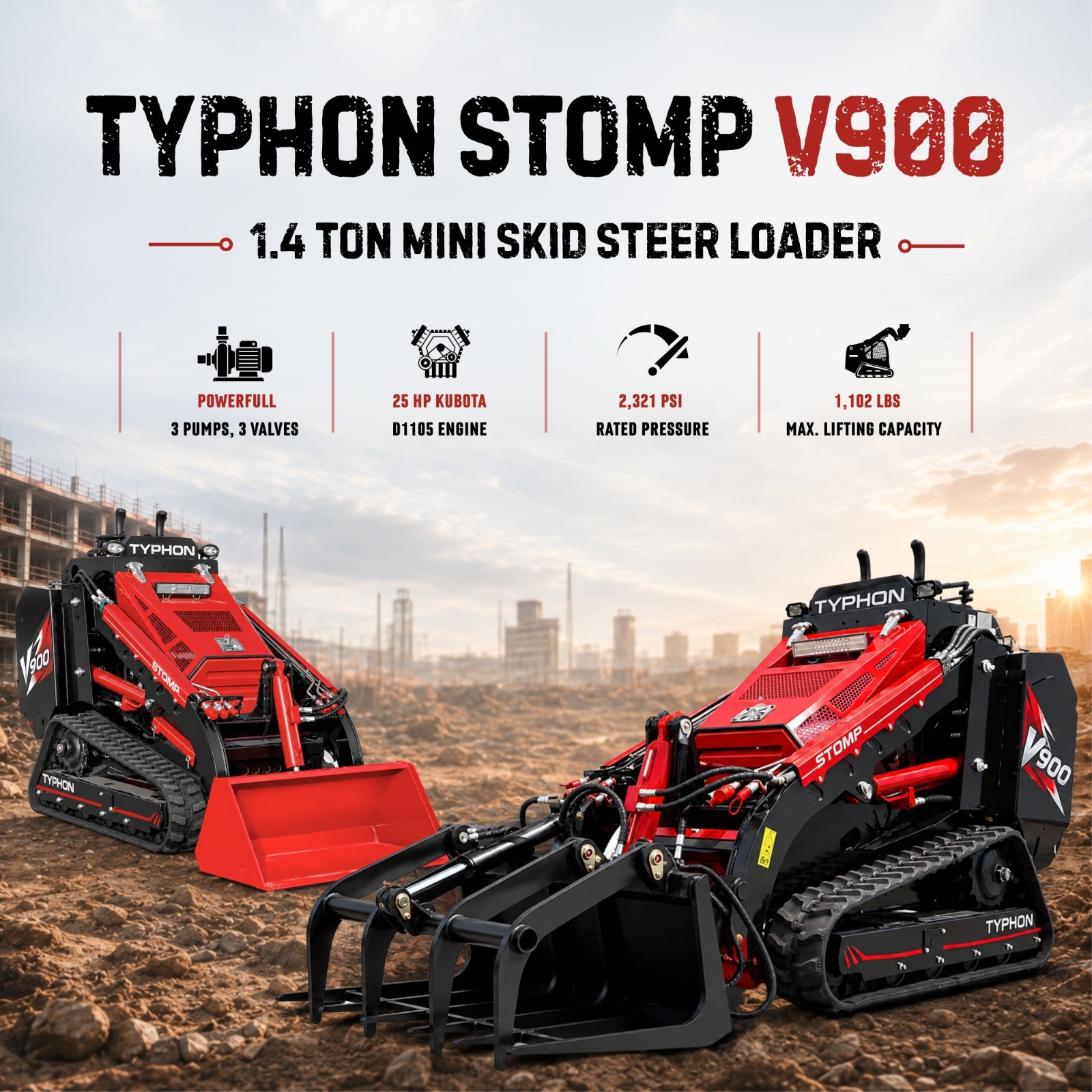 New TYPHON STOMP V900 1.4 Ton Mini Skid Steer Track Loader + Grappler Attachment