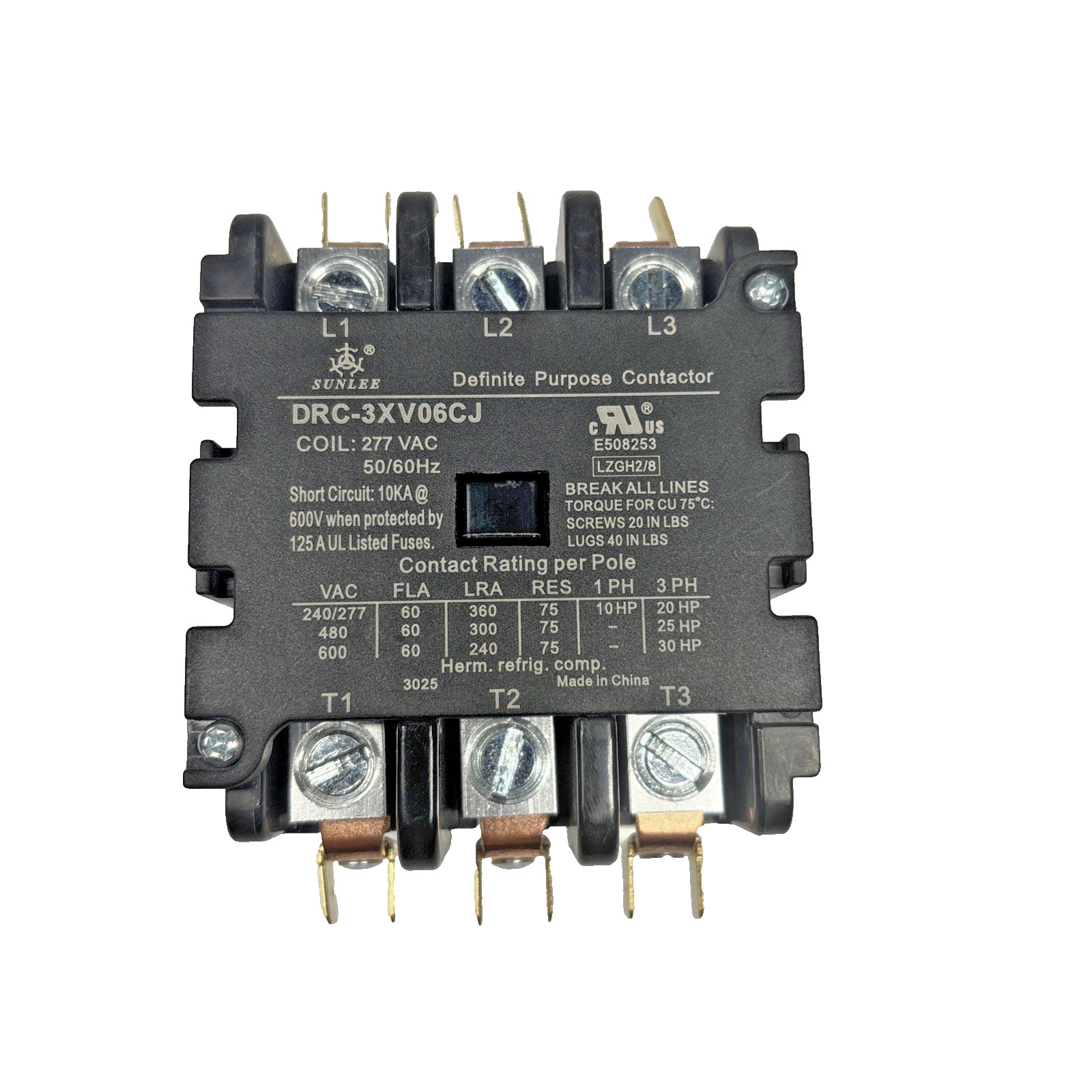 SUNLEE 60 Amp 75 RES 3 Pole coil 277 VAC DP Contactor 50/60Hz
