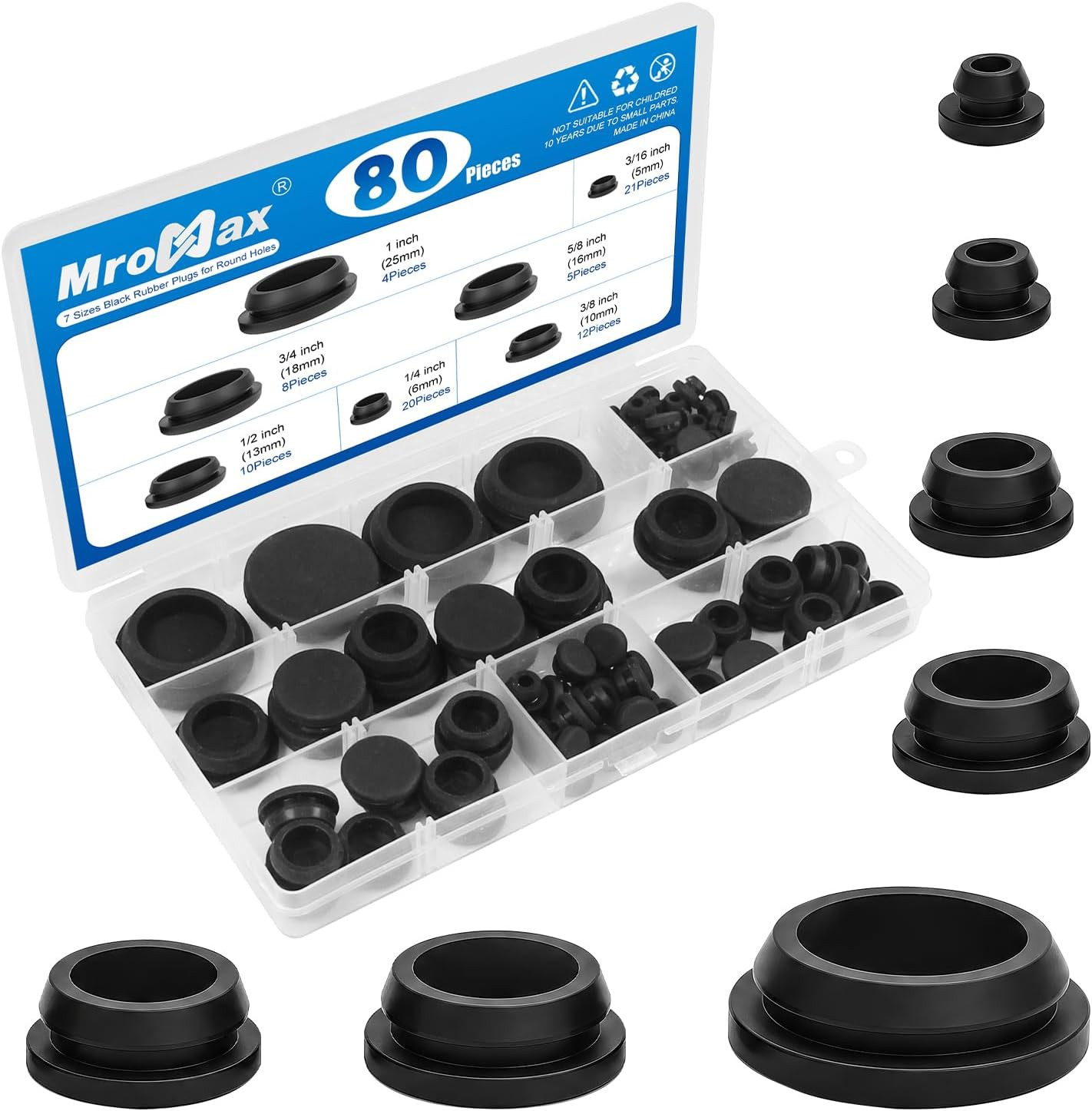 80Pcs Black Rubber Plug Box, 7 Sizes of round Hole Silicone Tool