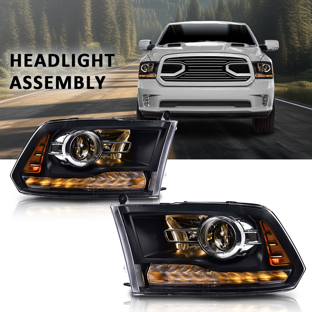 OE Style Projector Headlights for 2013-2018 Dodge Ram, Black Housing LED DRL Set