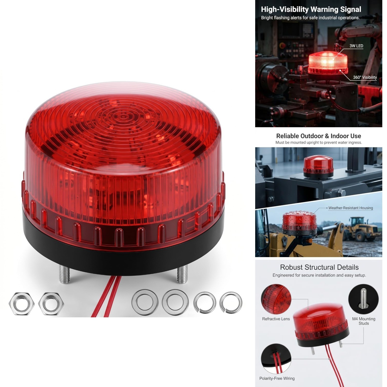 Industrial Red Strobe Warning Light 3W AC 110V 360° Weatherproof Factory Safety
