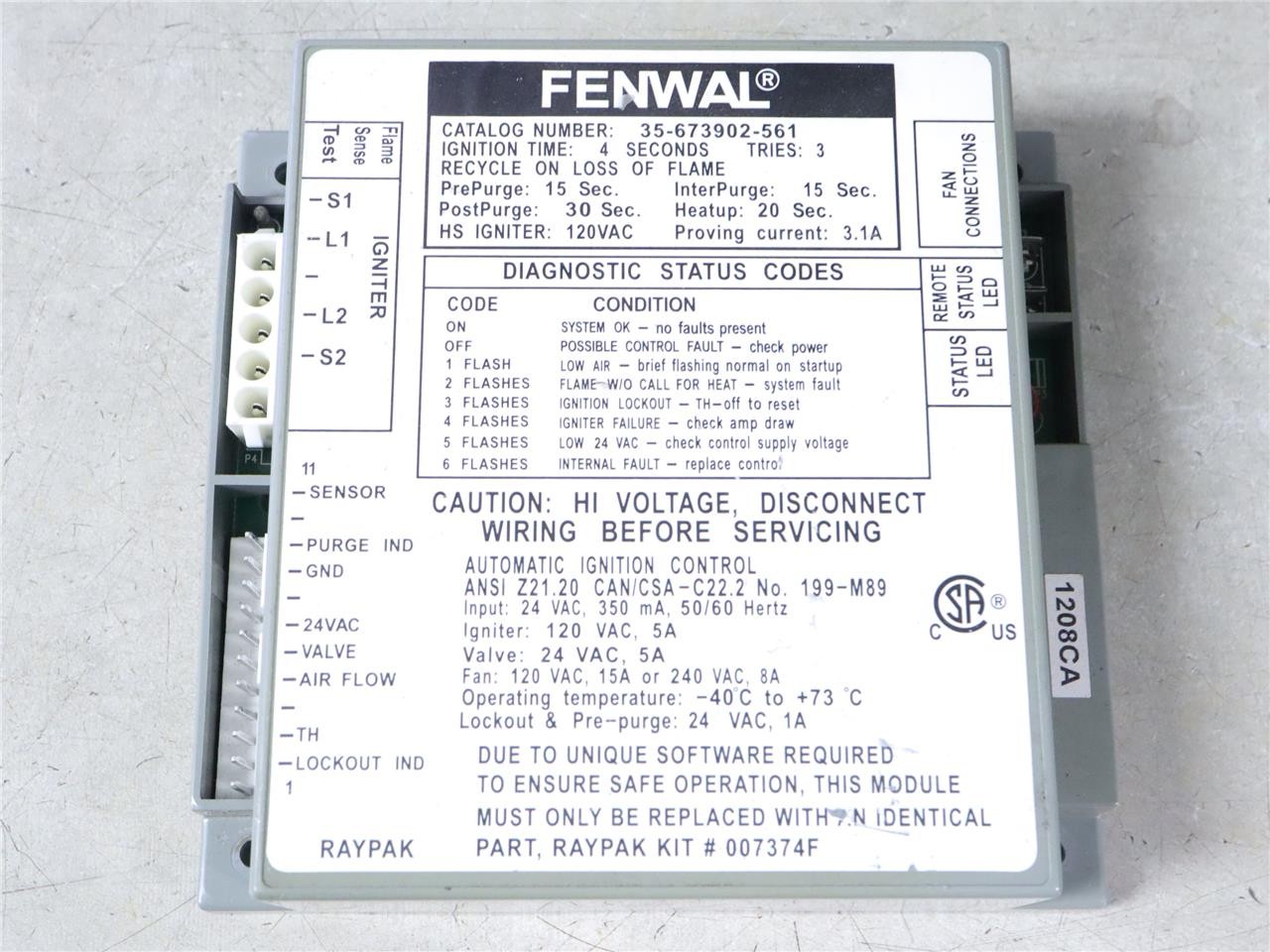 FENWAL 35-673902-561 Ignition Control Module 24 VAC RAYPAK 007374F