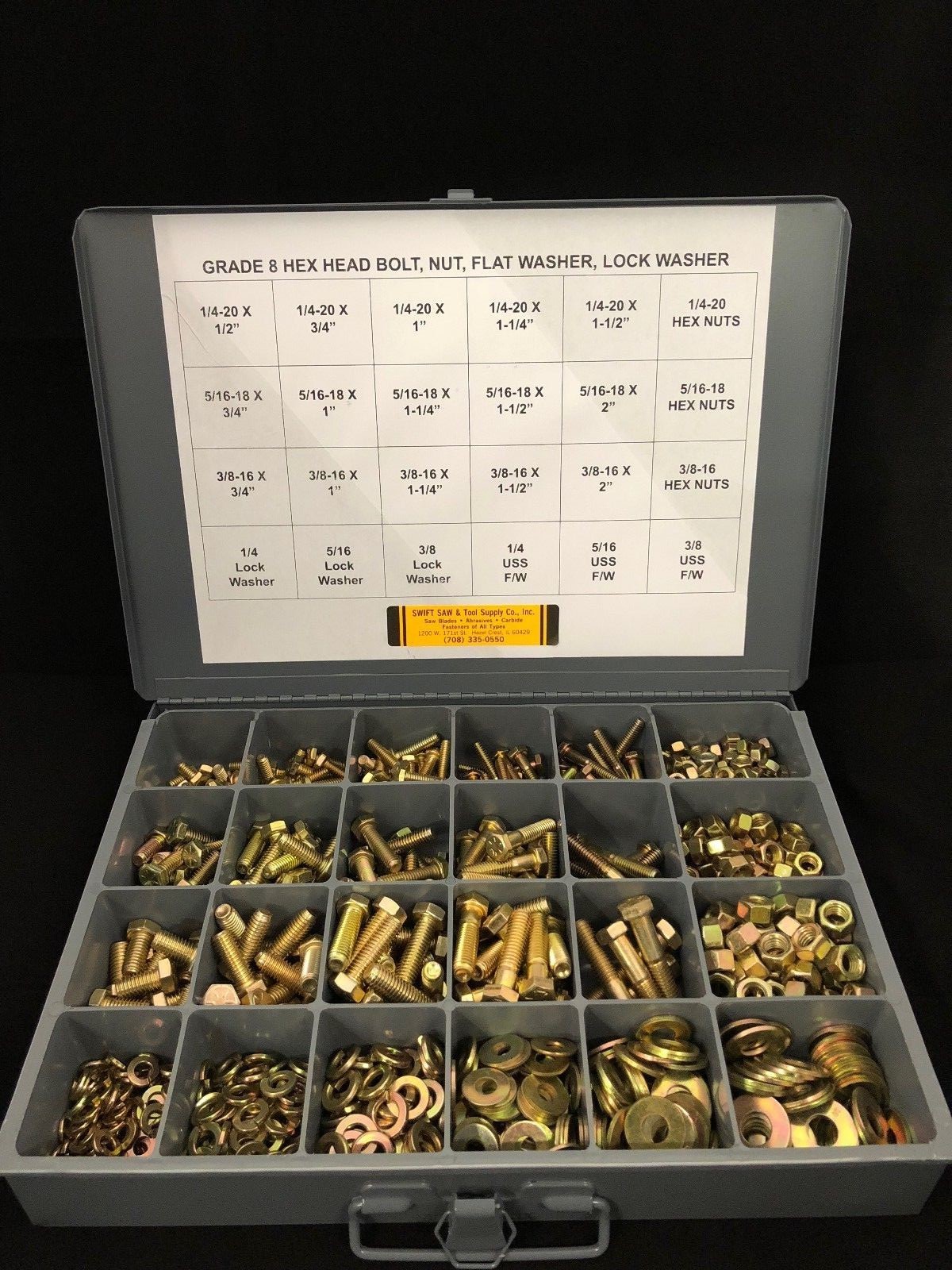 980pcs ASSORTMENT KIT- GRADE 8 BOLT, NUT, WASHER, & LOCK WASHER 1/4” 5/16” 3/8”