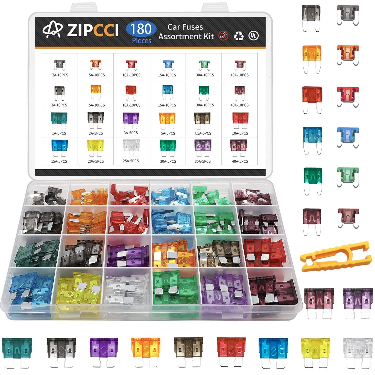 180 Pcs Automotive Blade Fuse Kit, Standard, Mini & Low Profile Mini, 1A-40A, Tr