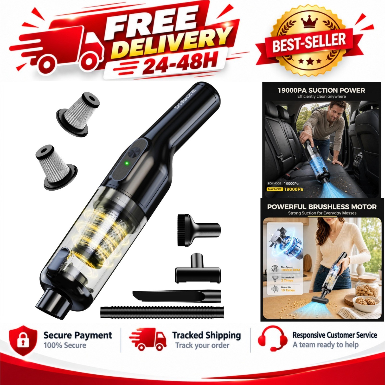 dormzie Cordless Handheld Car Vacuum Cleaner, 19000 Pa Portable Pet Hair Vacuum dormzie Cordless Handheld Car Vacuum Cleaner, 19000 Pa Portable Pet Hair Vacuum