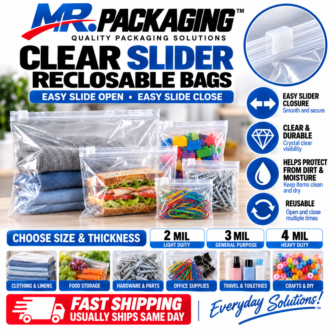 MR. PACKAGING Clear Slider Reclosable Bags Choose Size & Mil Heavy Duty
