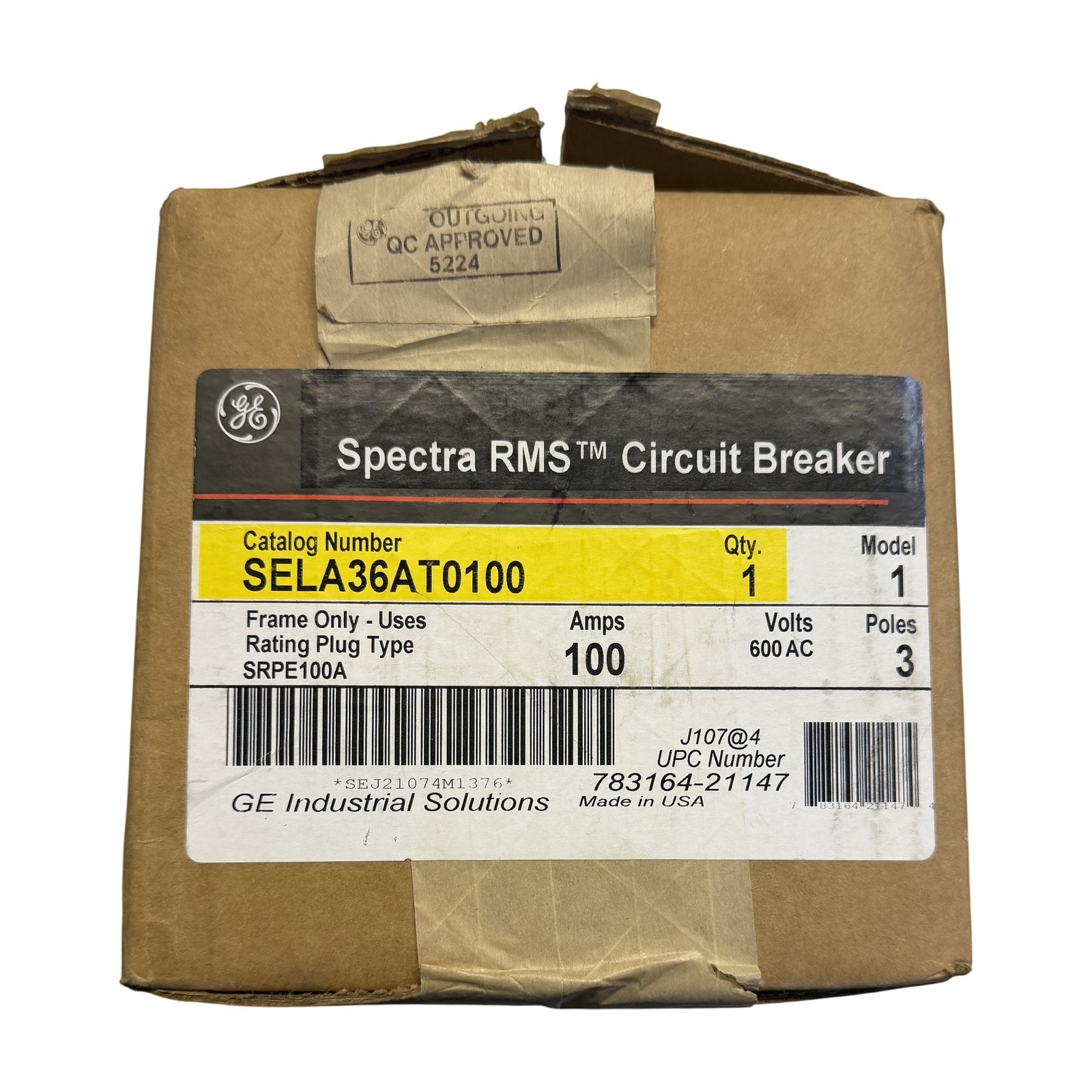 GE SELA36AT0100 Spectra RMS 100A 3-Pole 600V Current Limiting Circuit Breaker