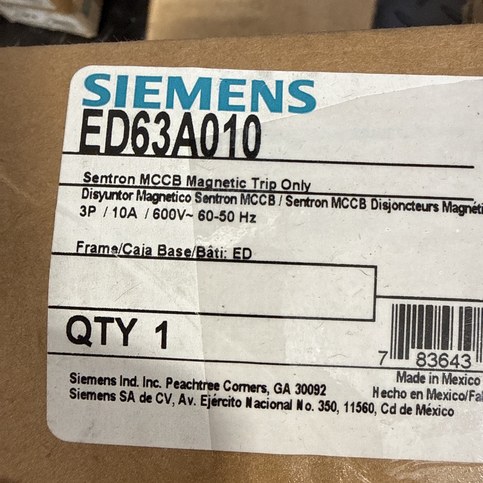 Siemens ED63A010 Circuit Breaker Sentron 10A 600VAC 3P, New