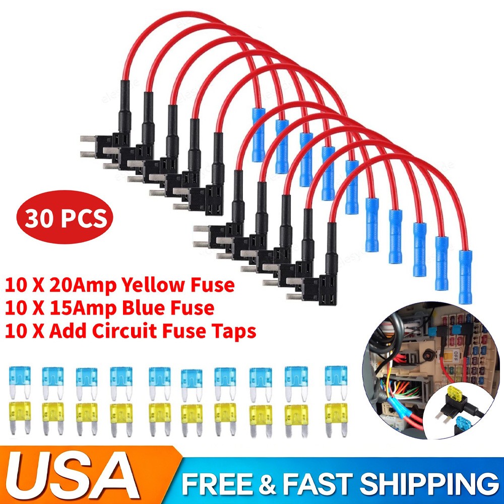 30Pcs Fuse TAP ADAPTER KIT 12V 15 Amp 20Amp Car Add-a-circuit Mini ATM APM Blade