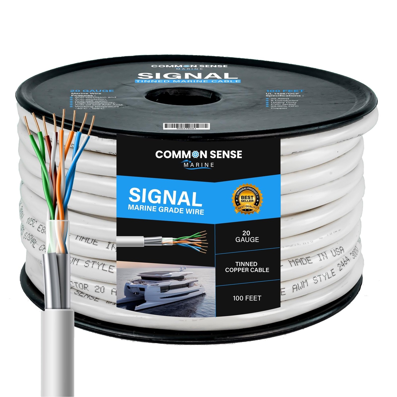 Common Sense Marine MW20-8-100 20/8 AWG 8 Conductor Signal Wire 100 ft Tinned