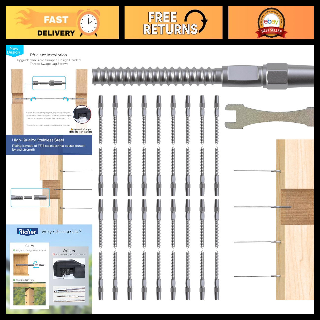 20 Pair Cable Railing Kit - Invisible Crimp Fittings, Swage Lag Screws for Wood