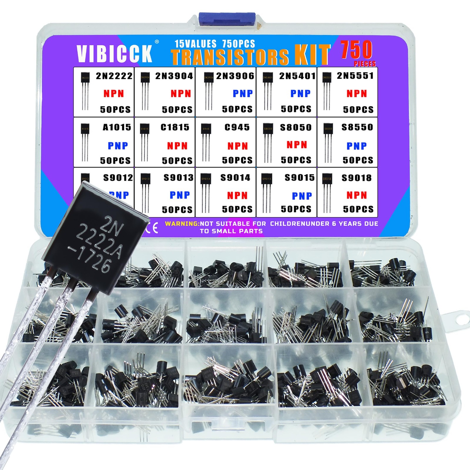 15Values 750pcs TO92 Transistors Assortment Kit PNP NPN Bipolar, General Purpose