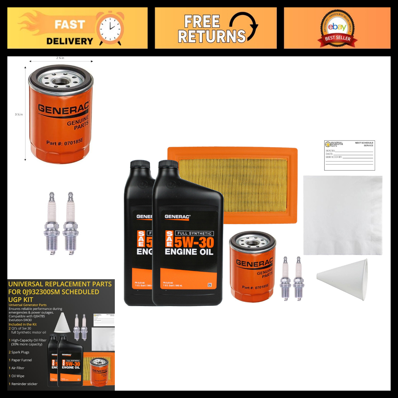 Generator Service Kit - 5W30 Oil, Complete Replacement for 0J8478S, 10-26KW Perf