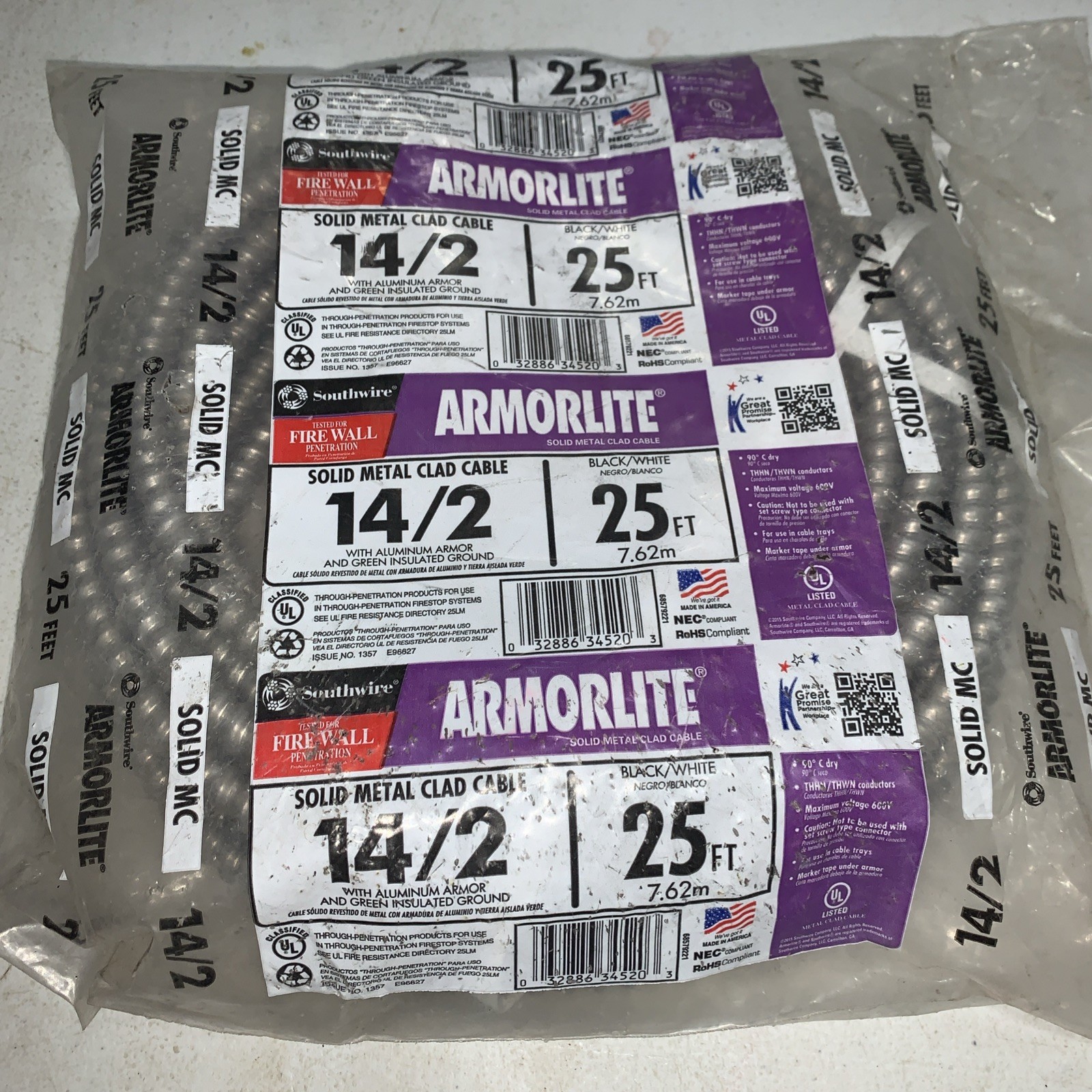 New Armorlite Wiring Solid Metal Clad Cable 14/2 Black/White Aluminum Armor 25'