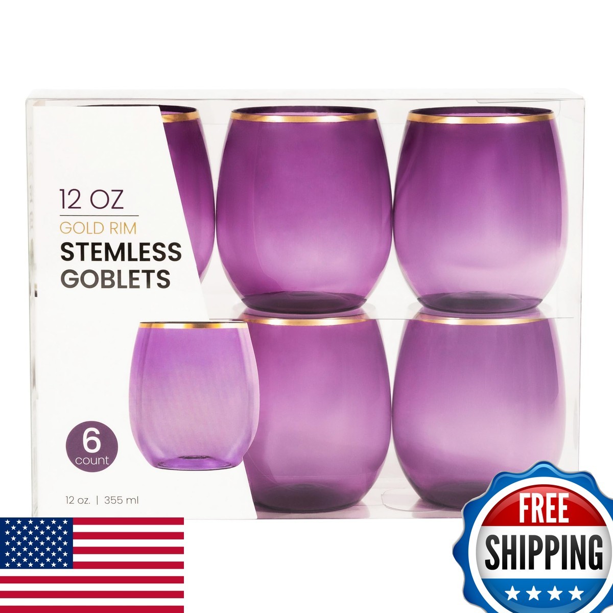 PLASTICPRO 12 Pack Purple Gold Rim Stemless Plastic Wine Glasses 12 oz
