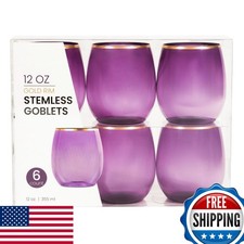 PLASTICPRO 12 Pack Purple Gold Rim Stemless Plastic Wine Glasses 12 oz picture