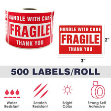 Fragile Stickers 1 Roll 500 2x3 Fragile Label Sticker Handle With Care Mailing picture