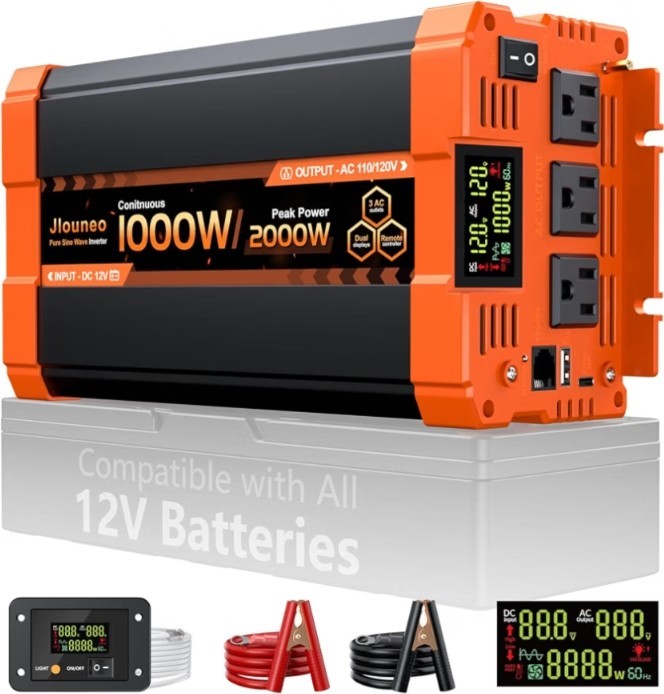 1000 Watt Car Power Inverter Pure Sine Wave, 12V DC to 110V/120V AC