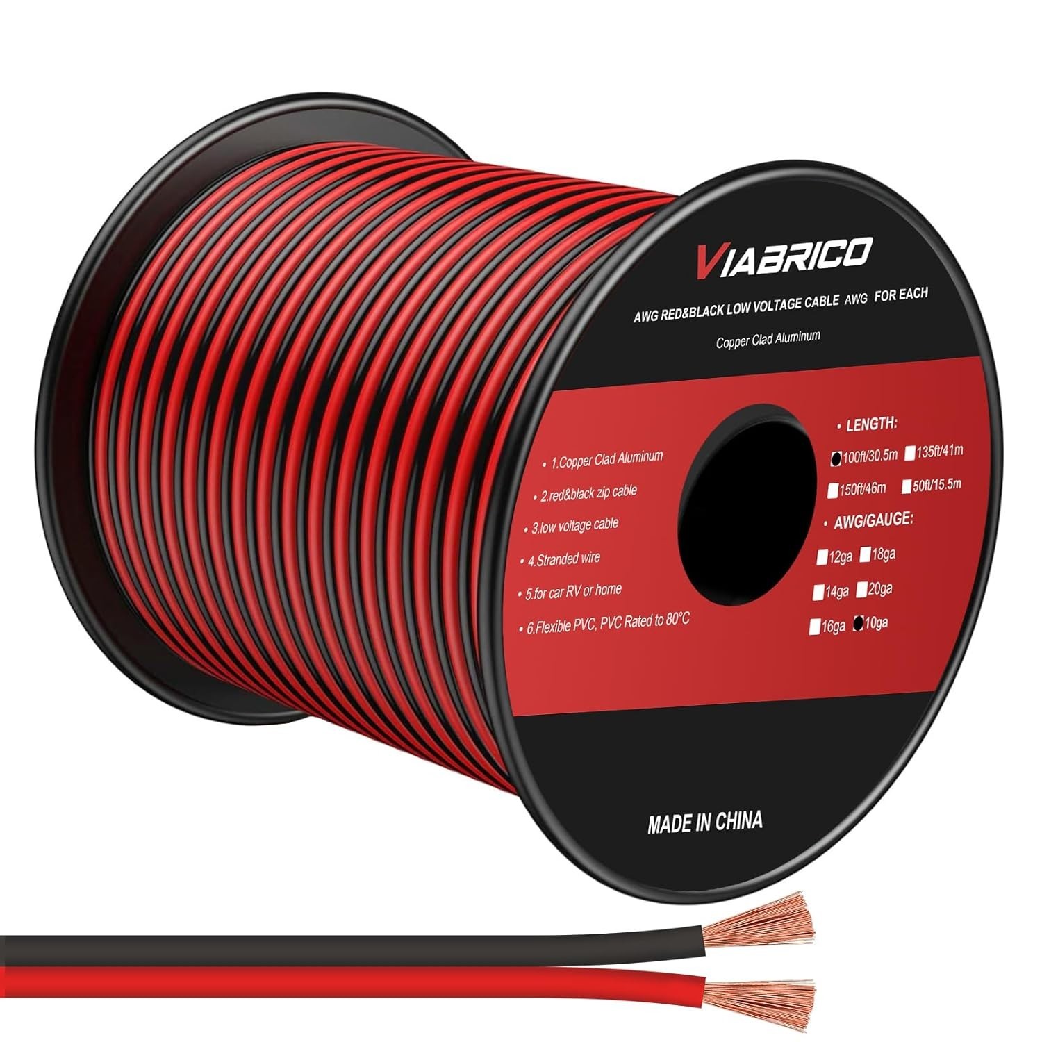 10 Gauge Wire 30FT/100FT 2 Conductors Electrical Wire Red Black Cable, Flexible
