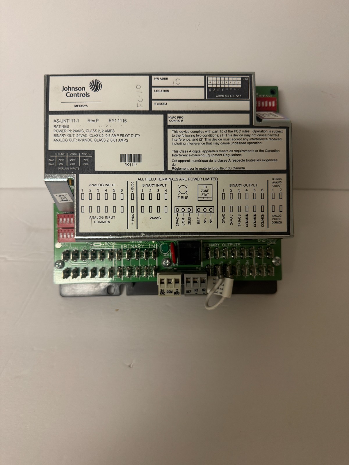 Johnson Controls Metasys AS-UNT111-1 Unitary Controller - UNT 111-1 Johnson Controls Metasys AS-UNT111-1 Unitary Controller - UNT 111-1